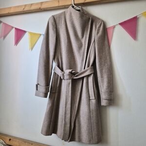 Calvin Klein Wool Blend Belted assymetrical Front Zipper Pea Coat Oatmeal US2